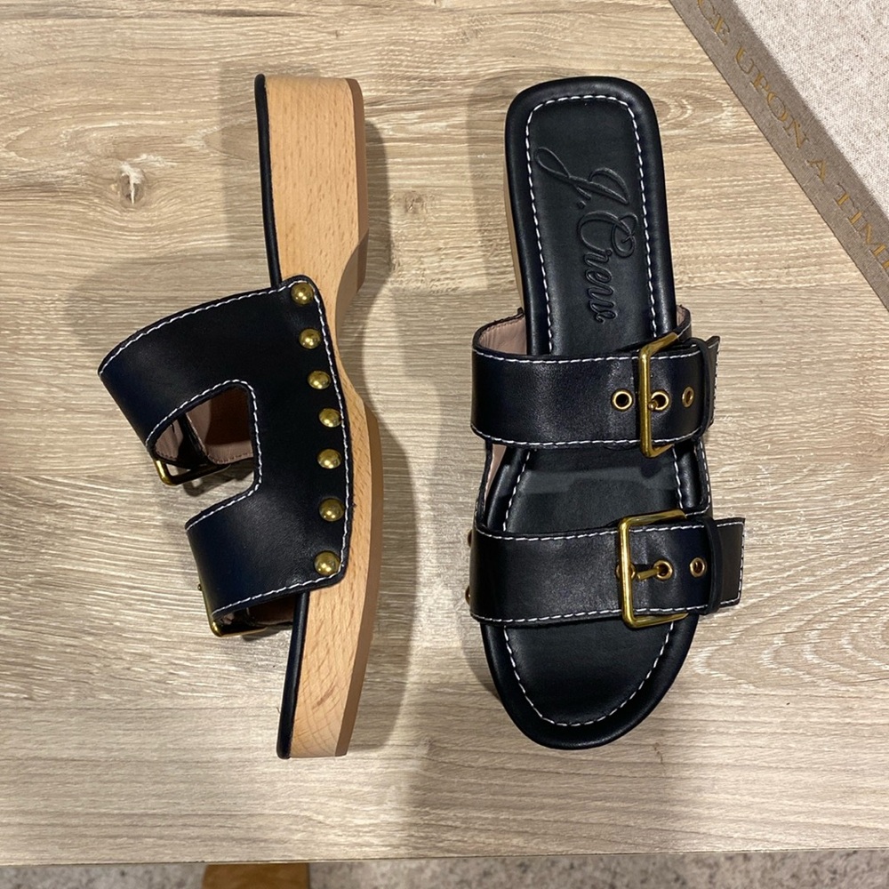 J. Crew Black Leather Buckle Slide Sandals with Wood-Look Heel